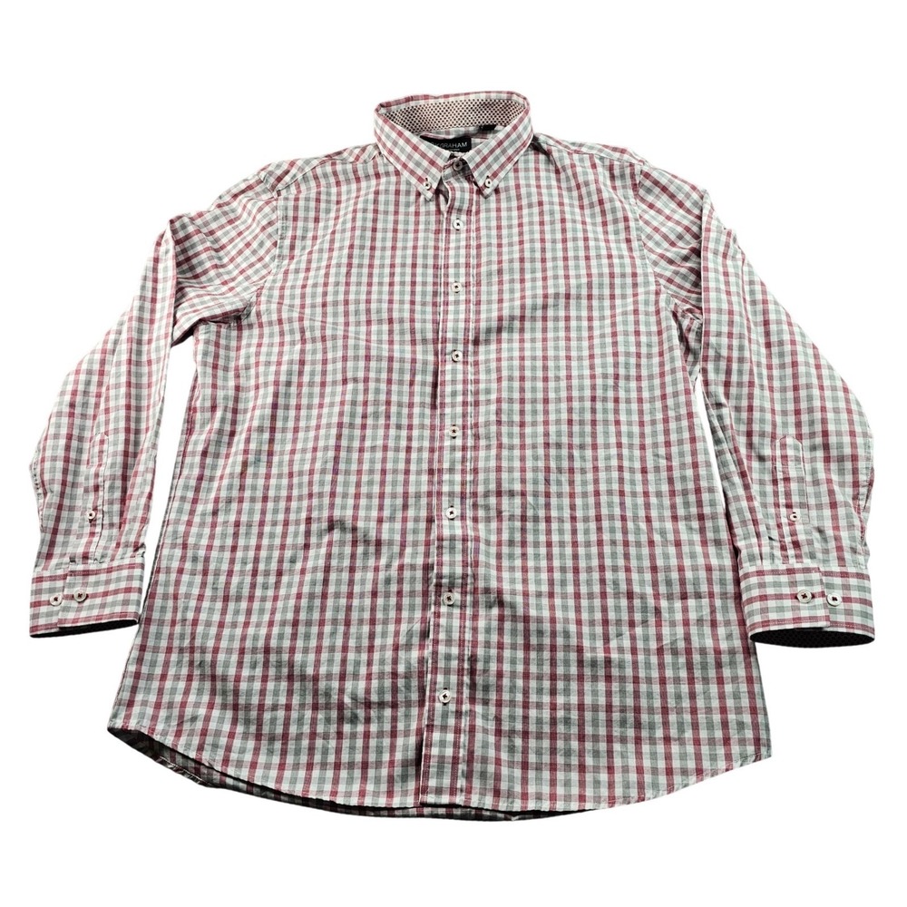 Nick Graham Dress Shirt Men's L Red Gray Gingham Modern Fit Collared Button Down